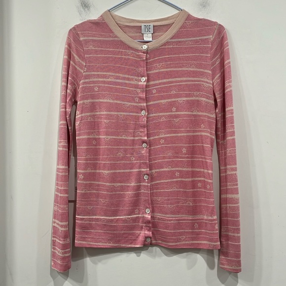 TSE Silk Cashmere Floral Striped Buttoned Pink Cream Cardigan size S - Picture 1 of 9